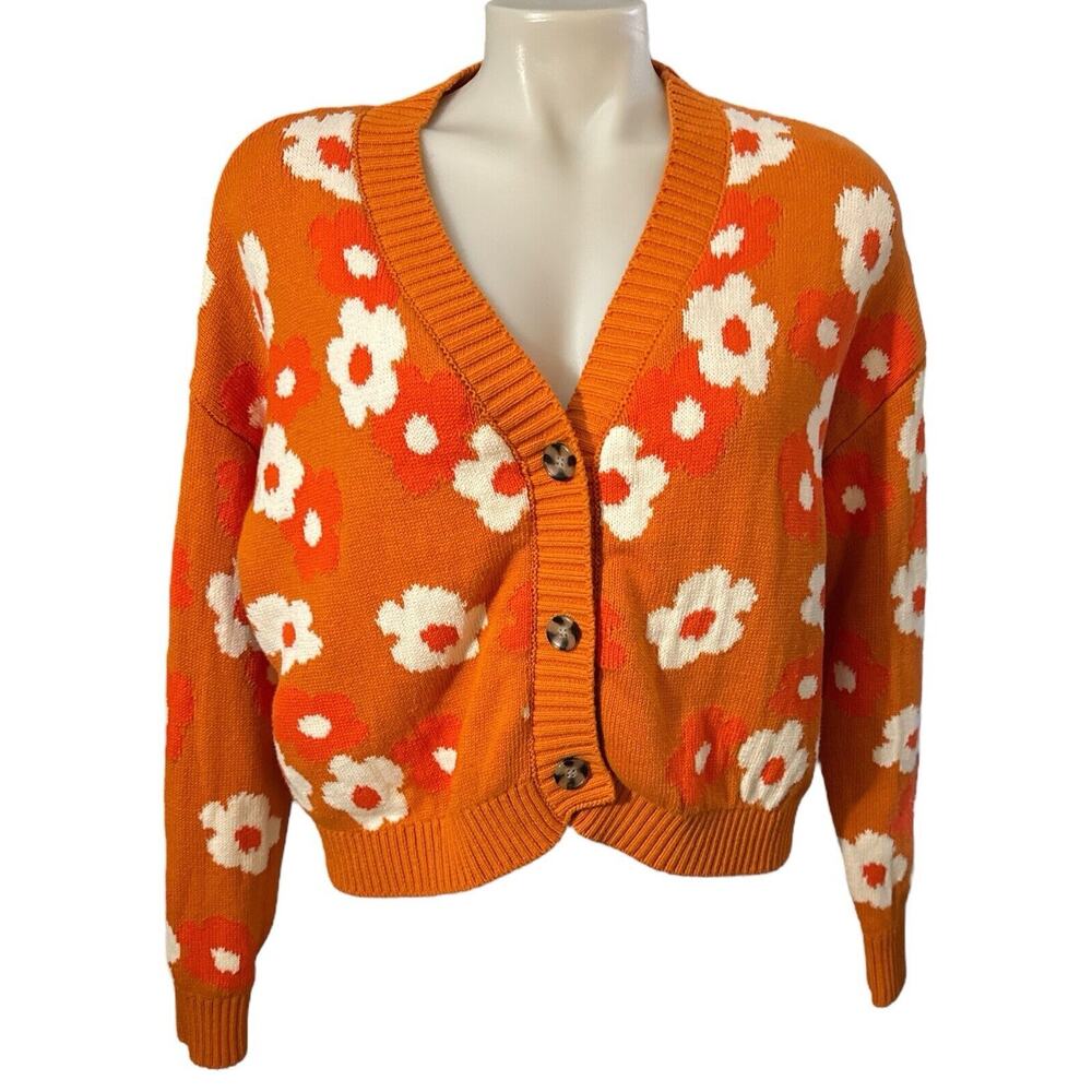 CALLAHAN Meg Retro Cardigan Orange Floral Knit Medium